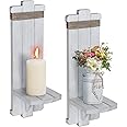 Farmhouse Wall Decor Candle Sconces - 2 Pcs Rustic Scandinavian Handmade Wooden Wall-Mount Candle Holders for Bedroom Living Room Bathroom Home Hanging Art Decorations Accessories Gifts, Grayish White