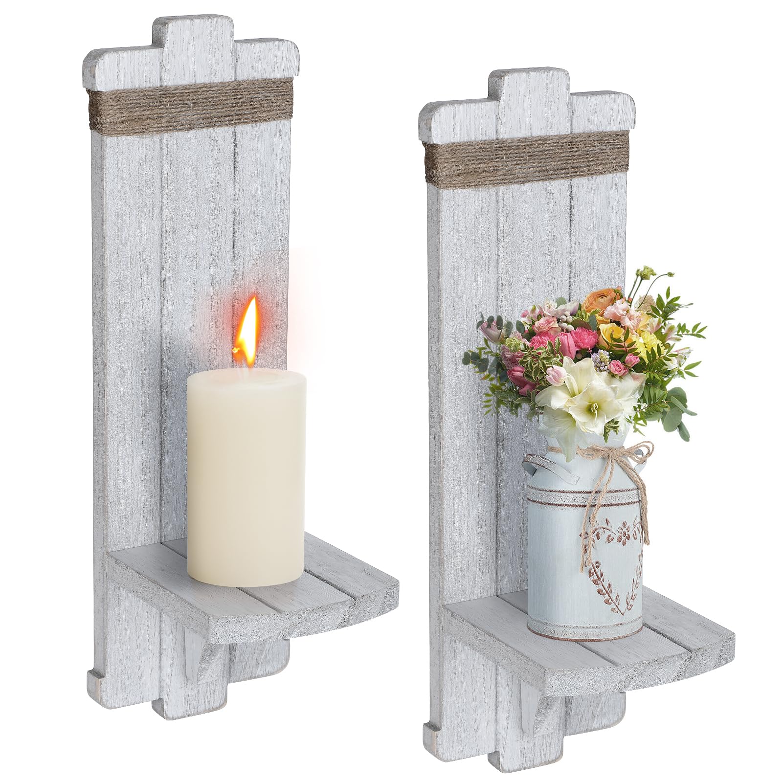 Alphatool 2 PCS Farmhouse Wall Hanging Candle Sconces - Nordic Style Handmade Wooden Wall-Mount Candle Holders Rustic Hanging Wall Sconces for Bedroom Living Room Kitchen Bathroom, White, grey, black