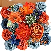 Senseya Artificial Flowers Combo, Teal Orange Silk Roses, Peonies, Dahlias with Stems for DIY Wedding Bouquets, Baby Shower, Table Centerpieces, Home Decor, Fake Floral Arrangements, Party Decorations