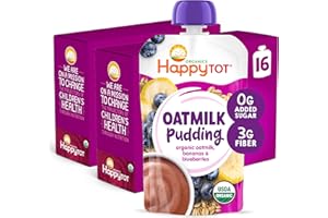 HAPPYTOT Organics Oatmilk Pudding, Dairy-Free, Stage 4 Toddler Snack, Oatmilk, Bananas & Blueberries, 4 Ounce Pouch, Pack of 16