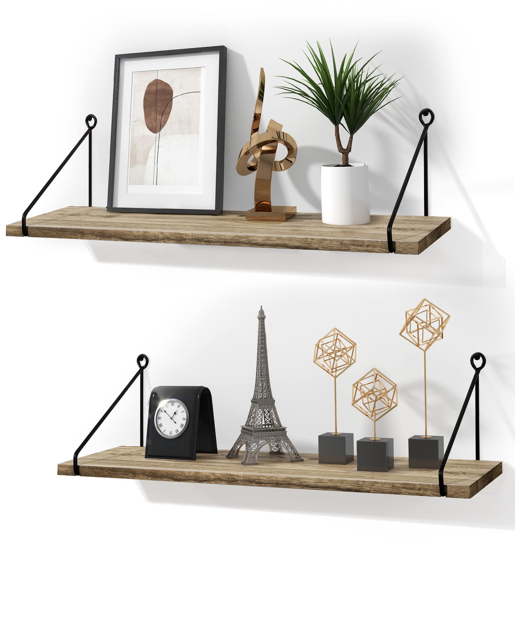 SUMGAR Long Floating Shelves for Wall Rustic Wood Shelf 60CM for Bathroom Kitchen bedroom living room office Wooden Storage Rack Set of 2 With Bracket Plant Dispaly Decoration for home