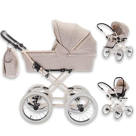 Friedrich Hugo Natureline Uni | 3 in 1 Kombi Kinderwagen Komplettset | Öko Nostalgie Kinderwagen | Farbe: Elisabeth Creme