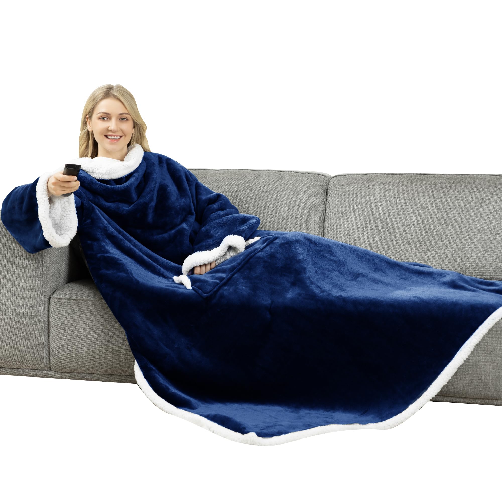 Winthome Double Warmer Wearable Blanket with Sleeves, Super Soft Sherpa Blanket for Adult Women Men (Navy Blue)