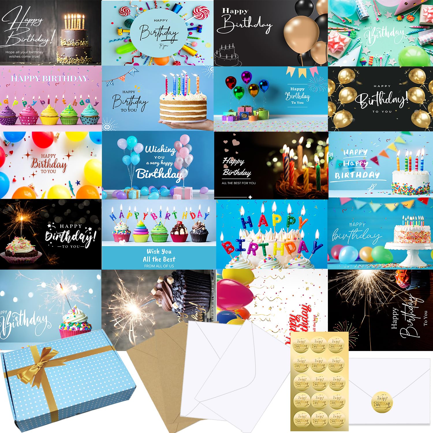 Photo 1 of 160 Birthday Cards Bulk with Short Generic Message Inside, Birthday Cards with Envelopes 4 x 6 inches, 20 Unique Designs, for Family, Group, Office, Business, Cards in Box