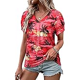 Womens Puff Short Sleeve Hawaiian Shirts Floral Tropic Printed Pleated V Neck Summer Casual T-Shirt Trendy Boho Blouses Tops