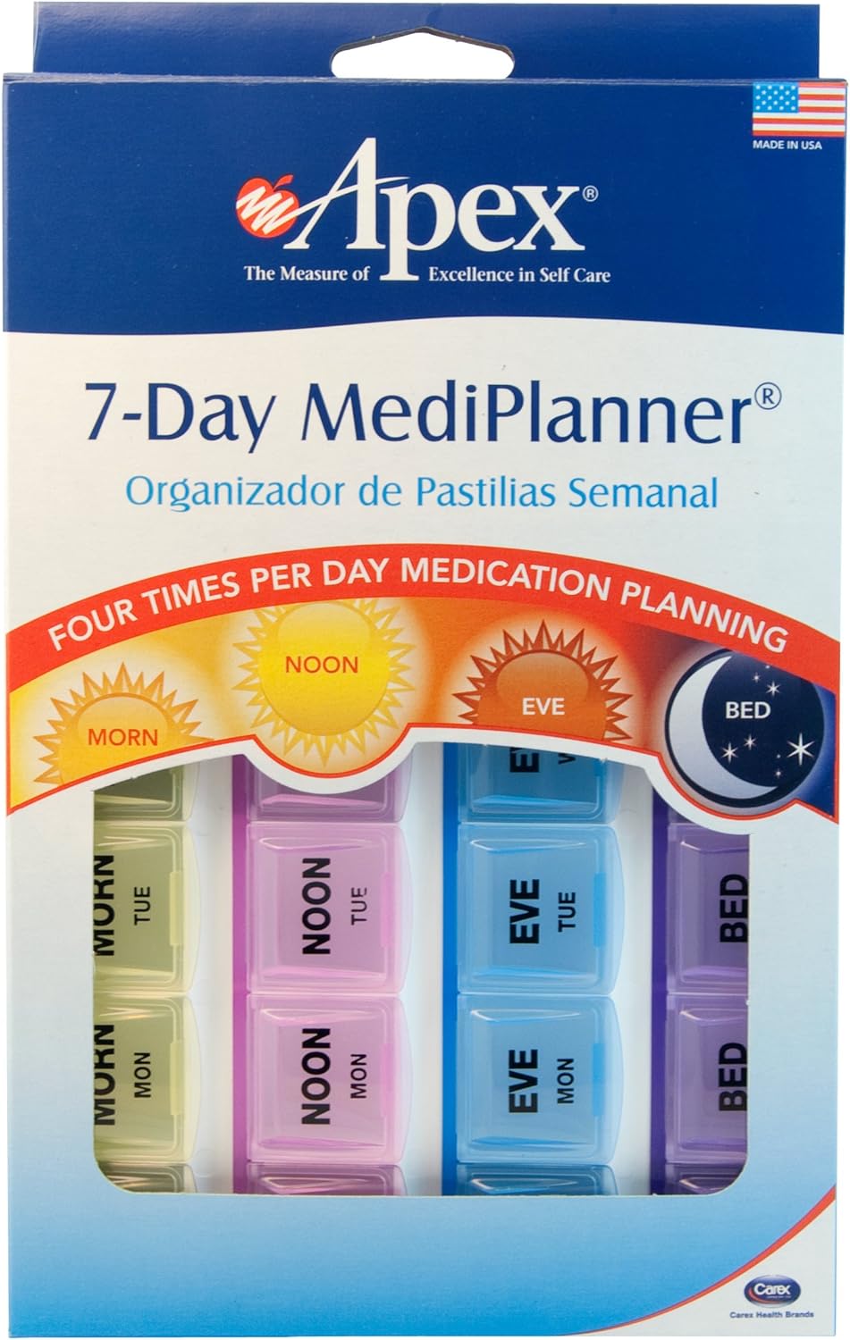 Apex 7-day Mediplanner Pill Organizer, Weekly Pill Organizer, 4 Times a Day Color-Coded, Easy-Open, See-Through Lids, Organize Medication or Vitamins by AM, PM, Evening and Bedtime: Complete Medical: Health & Personal Care