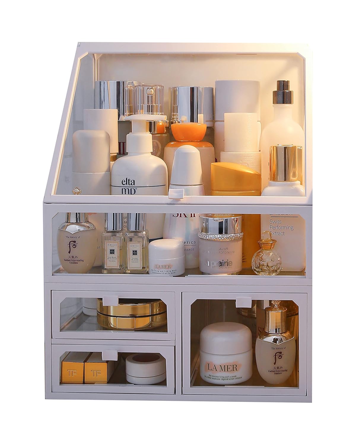 MOOCHI White Vintage Glass Cosmetic Makeup Organizer 3 Drawers Set Dust Waterproof Cosmetics Storage Display Case Countertop for Brushes Lipsticks Jewelry: Beauty