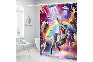 GRTUSPR Funny Cat Shower Curtain for Kids, Cool Cat Riding Dinosaur in Fantasy Galaxy Hilarious Bathtub Curtain, Ridiculous Cats Dino Fight in Funky Outer Space Universe Anime Girls Boys Fabric Restroom Decor