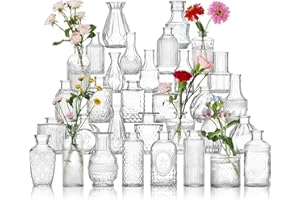 UNBREAKABLE Glass Bud Vase Set of 32 Pcs, Vintage Clear Small Glass Vases for Flowers, Glass Bud Vases in Bulk, Mini Vase for Centerpieces, Wedding, Home Decor and Events