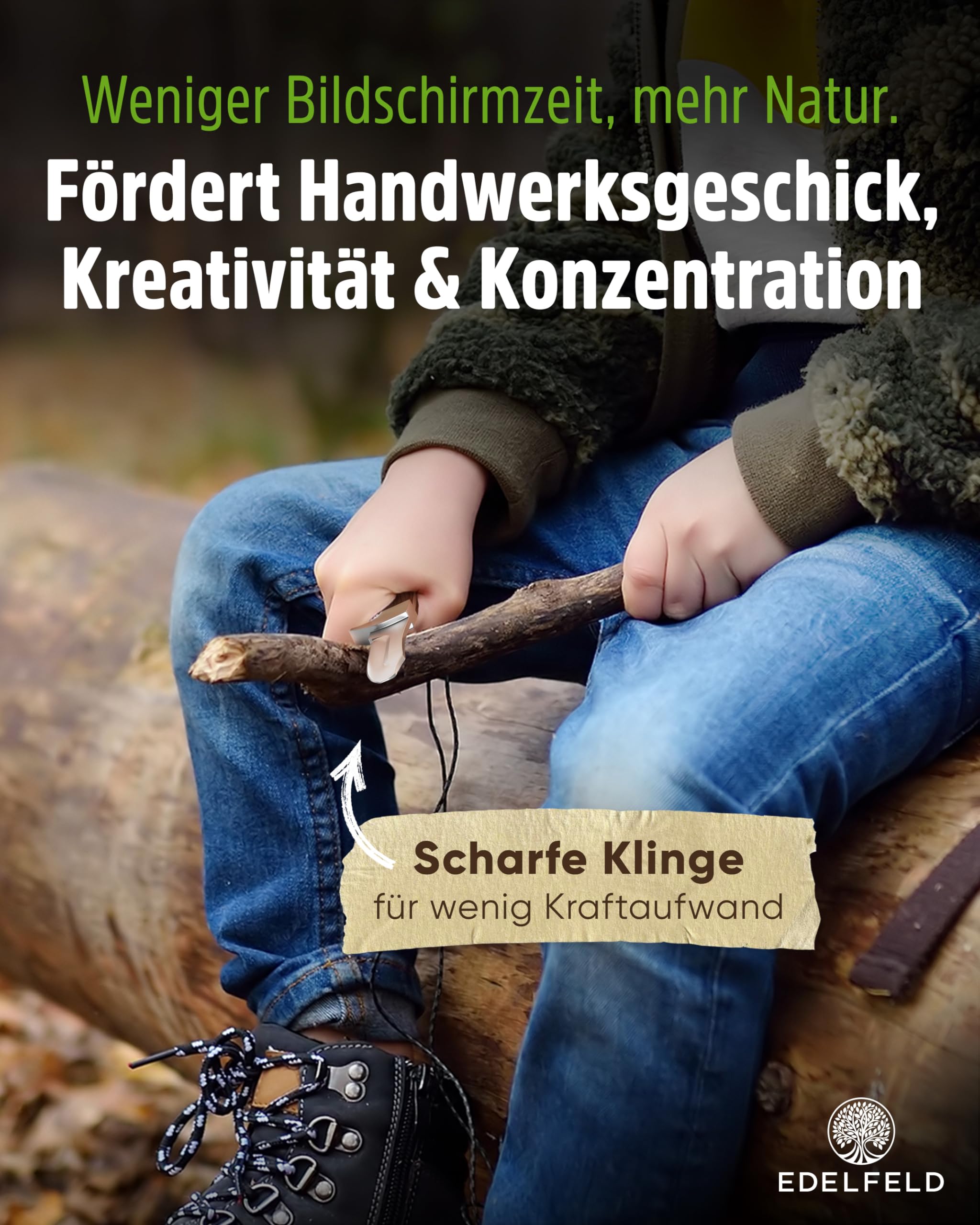EDELFELD - Das Original - Schnitzmesser Kinder ab 6 Jahre - Sicheres Taschenmesser Kinder mit Fingerschutz - Schnitzmesser für Links- & Rechtshänder - Kinderschnitzmesser inkl. Scheide & Schnitzbuch 3