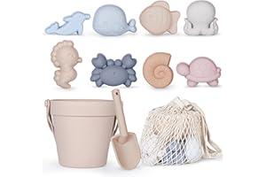MarcZero 11Pcs Silicone Beach Toys,Modern Baby Beach Toys,Travel Friendly Beach Set,Silicone Bucket, Shovel, 8 Sand Molds, Beach Bag,Silicone Sand Toys for Toddlers, Kids (Begie)
