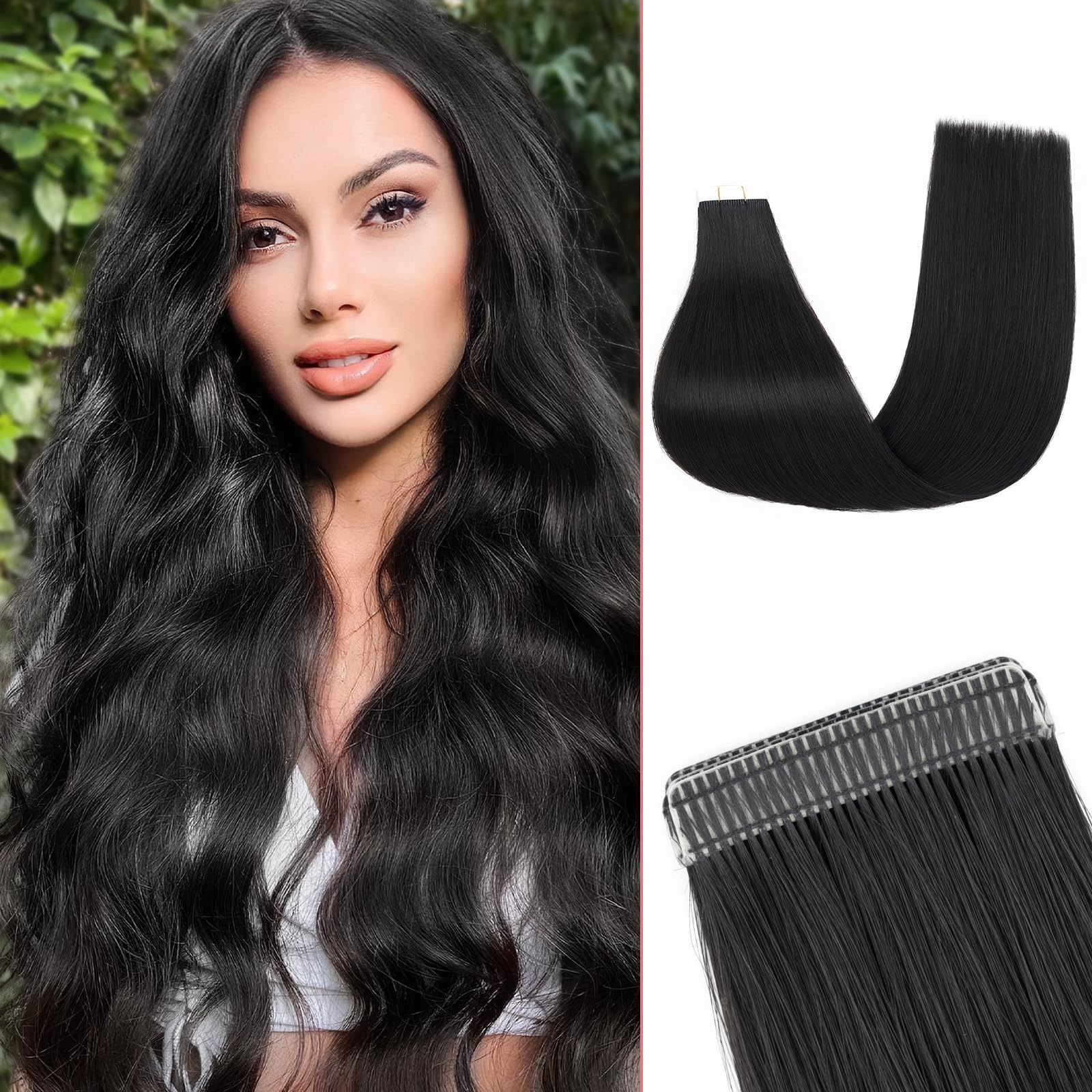 SEGOHAIR Tape in Hair Extensions Human Hair - 20PCS Double Stitched Real Hair 20" Invisible 36g Natural Straight Shiny & Smooth Jet Black