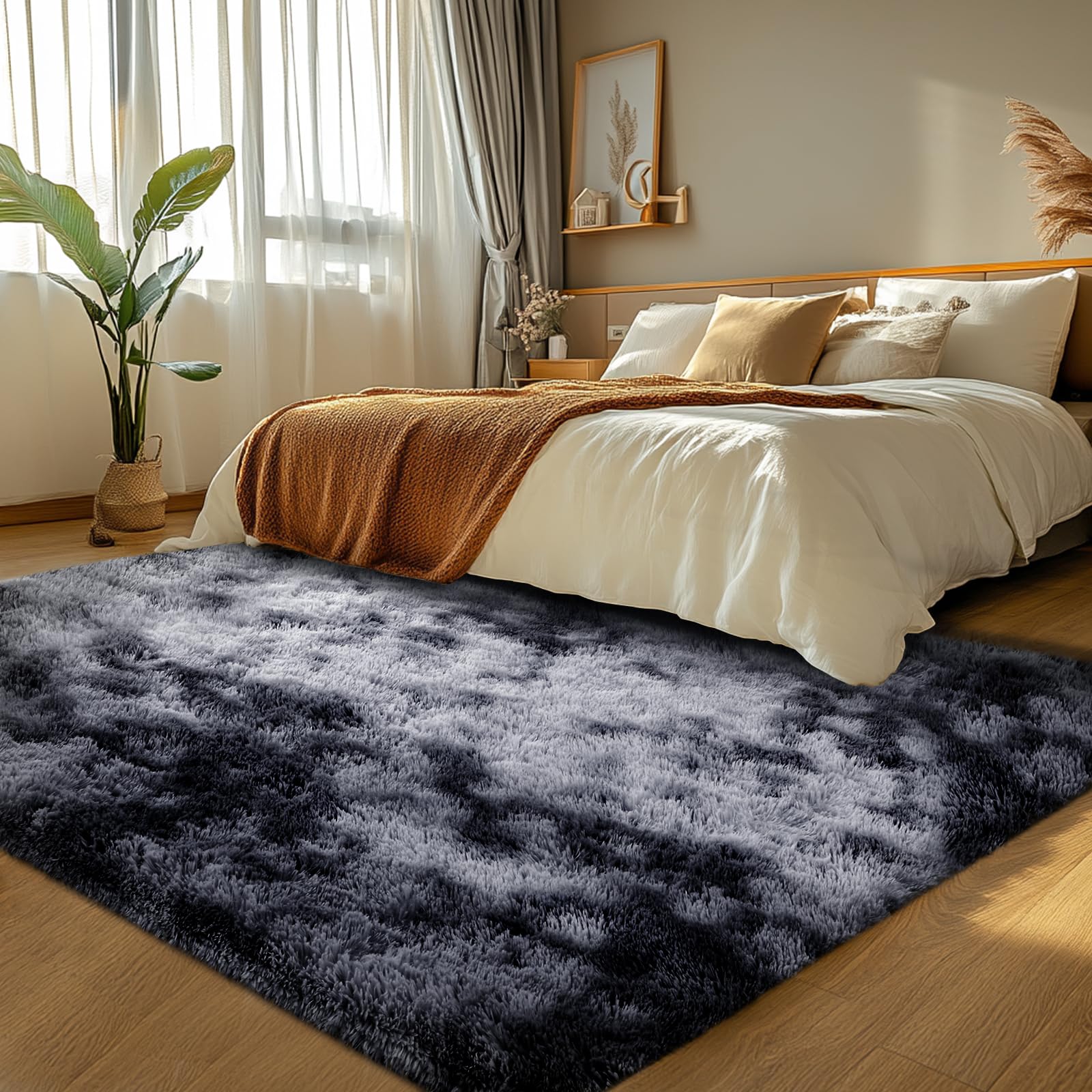 Fluffy 4x6 Area Rugs: Tie-Dyed Dark Grey, Plush Furry Indoor Carpet