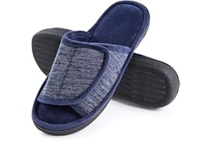 DL Adjustable Men's Memory Foam Slippers, Comfy Indoor Outdoor, Breathable Slide Bedroom Velcor Slippers Size 7-14 Black, Gray, Navy, Brown