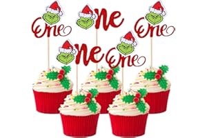 ZHUOWEISM 24 PCS Christmas One Cupcake Toppers First Birthday Green Christmas Cupcake Picks Baby Shower Cake Decorations for Merry Xmas Theme Baby Shower Kids 1st Birthday Party Supplies Red