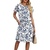 OFEEFAN Womens Summer Dresses Fashion Short Sleeve Crew Neck T Shirt Sundresses Casual Tie Waist with Pockets
