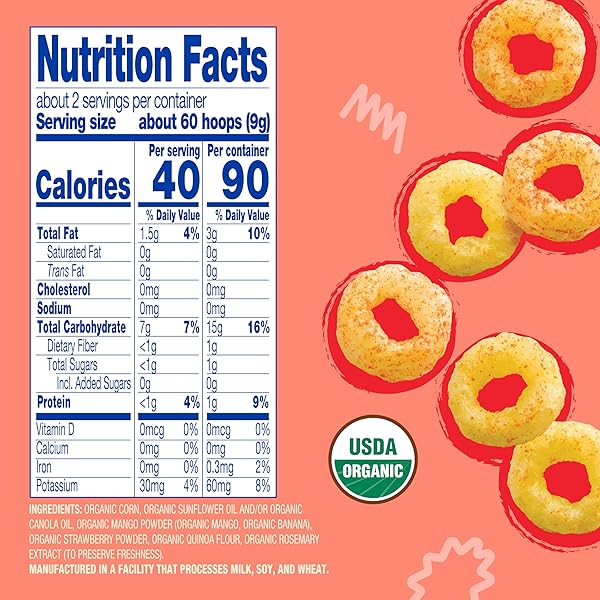 EARTH’S BEST ORGANIC MELTY HOOPS, BITE-SIZED SNACKS FOR BABIES 8 MONTHS AND UP, STRAWBERRY AND MANGO, 0.70 OUNCE BAGS (PACK OF 4)