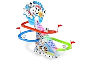 Haktoys Dalmatian Slide Toy Set: Sliding Stair Climbing Dalmatian Dogs Playset with Music On/Off Switch for Quiet Play Option | Track Race Game for Kids Toddlers Boys and Girls