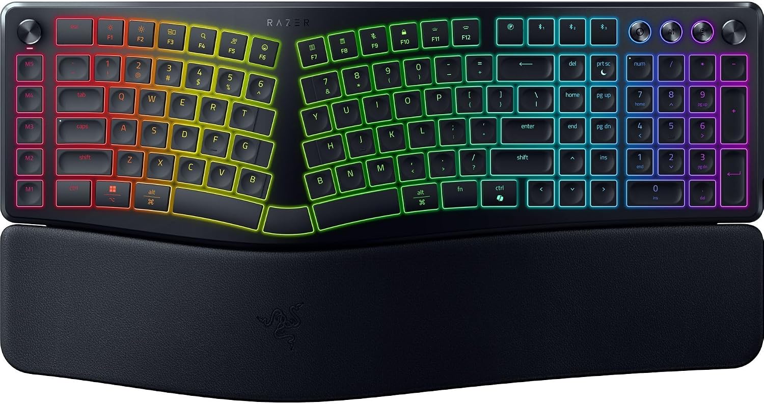 Razer Pro Type Ergo Wireless Split Ergonomic RGB Keyboard: Adjustable Tilt, Wrist Rest, Natural Typing, Multi Device Connectivity (2.4 GHz, Bluetooth, USB Type C), Windows/Mac Compatible - Black