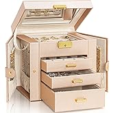 AKOZLIN 4-Tier Jewelry Box Leather Jewelry Storage Organizer with 3 Drawers Lockable for Women Girls Ring Necklace Earring Bracelet Holder with Mirror Champagne