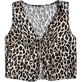 WDIRARA Women's Leopard Print Bow Tie Front Vest Sleeveless V Neck Crop Tank Top