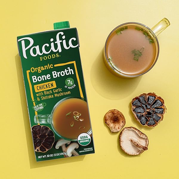 PACIFIC FOODS ORGANIC CHICKEN BONE BROTH WITH BLACK GARLIC AND SHIITAKE MUSHROOM, 32 OZ CARTON