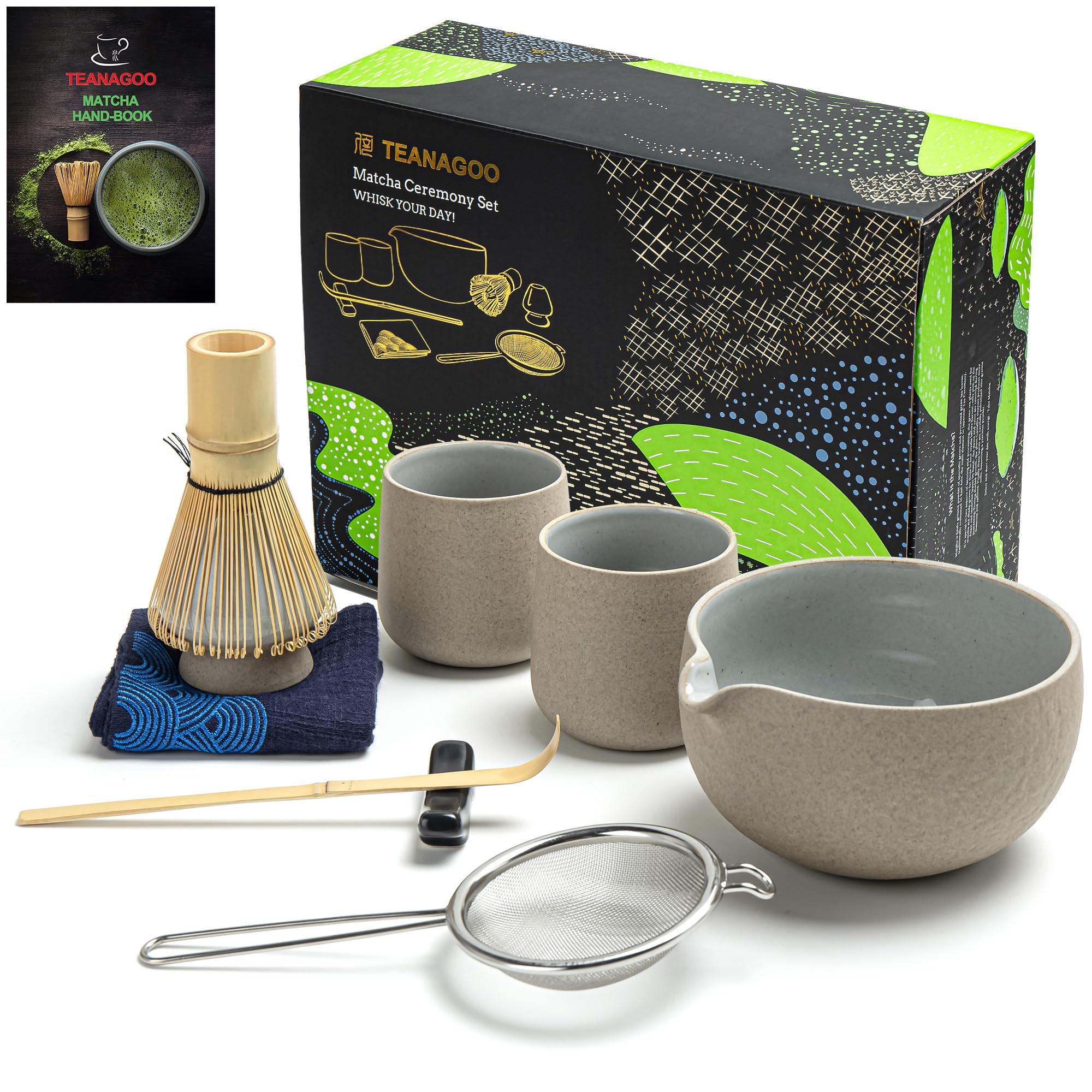 TEANAGOO Matcha Whisk,9 Pcs Ceramic Matcha Set,Matcha Kit for Ceremony,Matcha Tea Set for Making Breakfast/Matcha Latte,Matcha Whisk and Bowl Set with 2 Matcha Cups(7.2oz),Gift for Matcha Lover