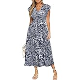 BerryGo Womens Summer Floral Maxi Dress Casual Boho V Neck Ruffle Short Sleeve Beach Long Dresses with Pockets