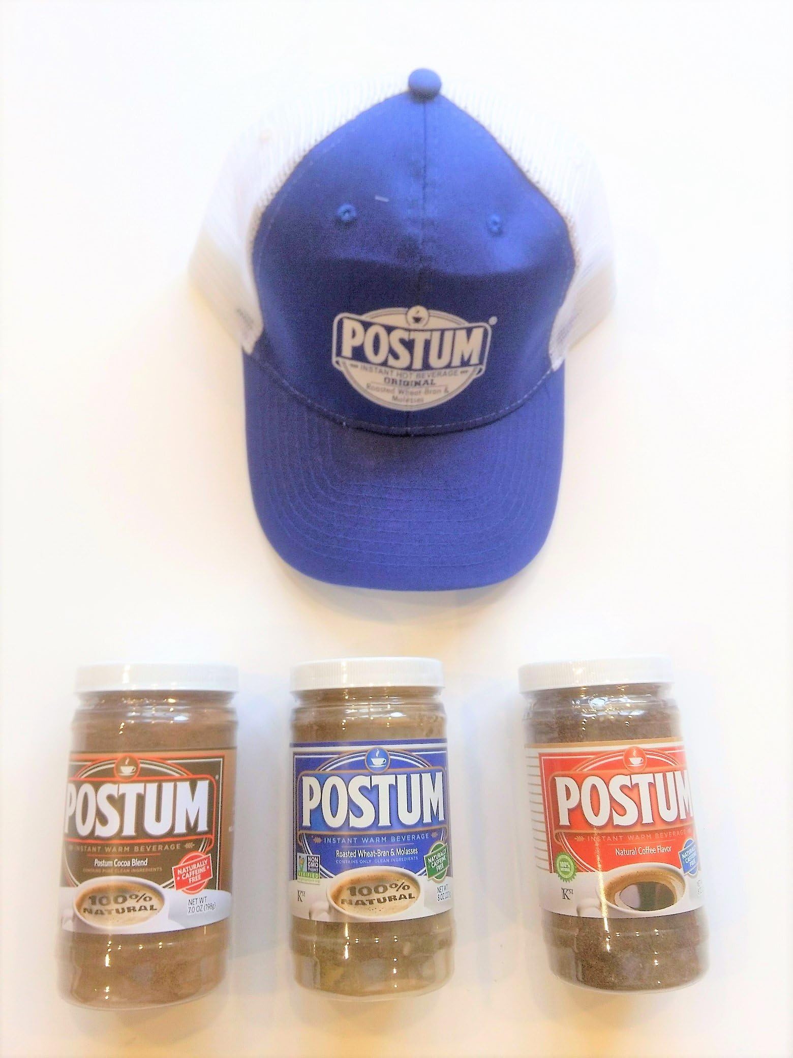 Postum Three Flavor Pack Roasted Wheat-Bran & Molasses - Natural Coffee - Cocoa Blend Flavors with Postum Hat