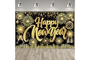 Famoby Happy New Year Fabric Sign Poster Banner Backdrop with Pattern Firework Champagne for Photo Booth Background New Year Party Decorations Supplies
