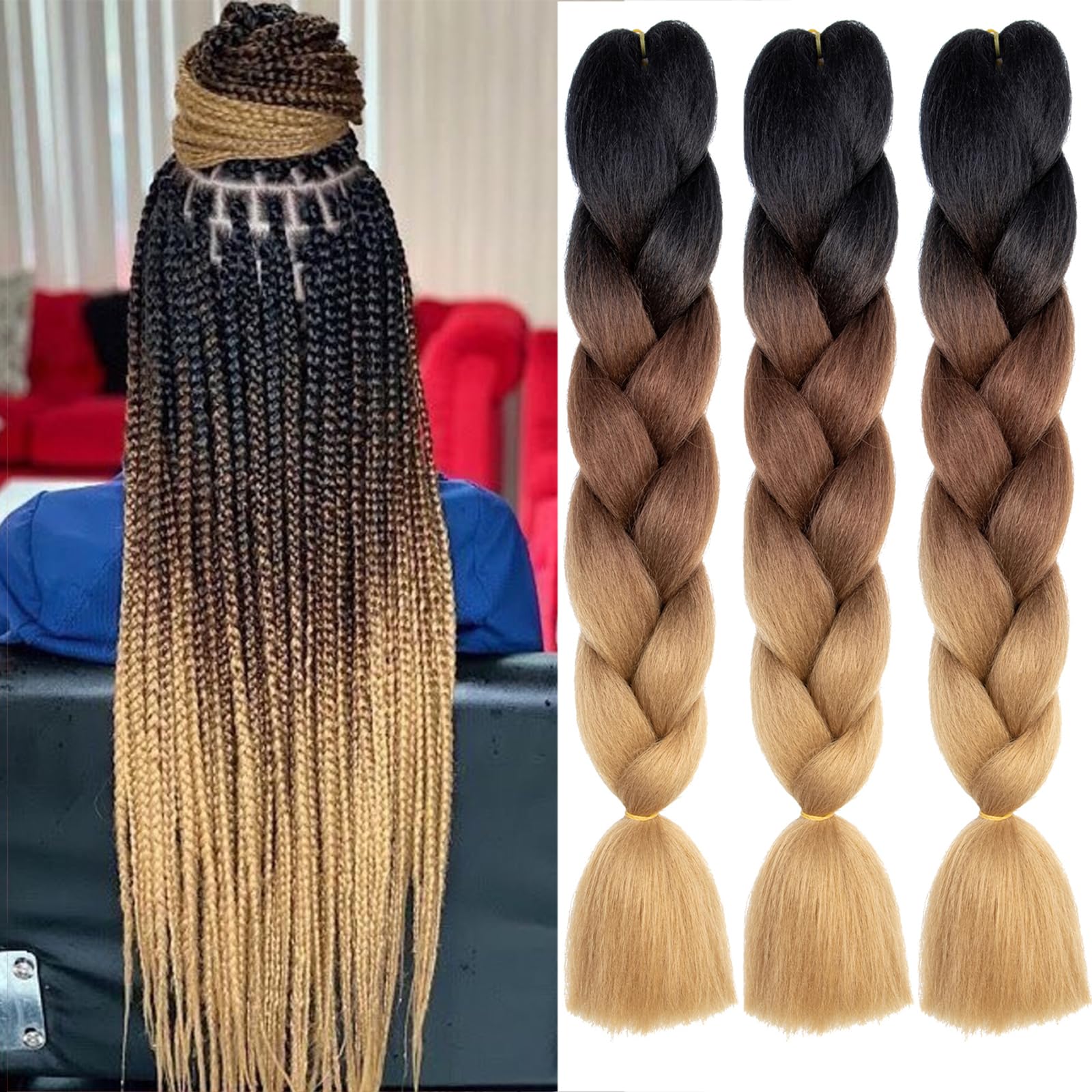 Xtrend 3Packs 3 Tone Jumbo Braiding Hair 24 Inch Synthetic Afro Braiding Hair Extensions for Box Braids and Twist Crochet Braid Hair (3Packs, Black/Dark Brown/Light Brown#) — image 1