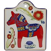 Swedish Themed Orange-Red Dala Horse Porcelain Cheeseboard Decorative 7.5" Trivet with Cork Backing | ScandinavianGiftOutlet