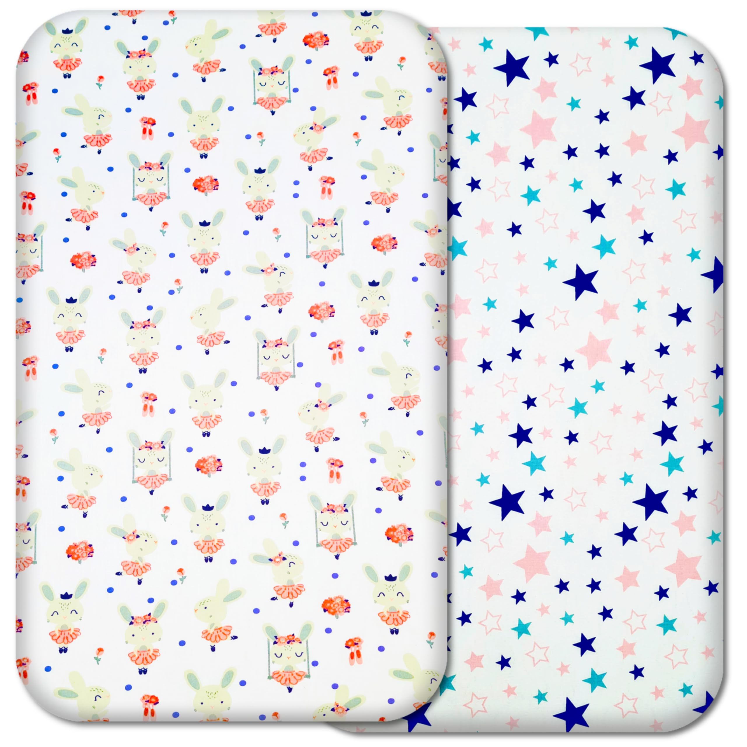 Next to Me Crib Sheets – 2pcs Fitted Baby Sheet Set 100% Organic Cotton Fitted Crib Sheets for Bedside Cribs – Made In Europe (83x50cm, Cute Bunny&Stars)
