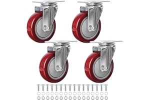 Finnhomy 4” Swivel Casters Wheels Set of 4 Plate Casters Heavy Duty Premium Polyurethane Wheels PU Load Bearing 2,600 Lbs Anti-wear Smooth Casters Red (Free Screws)