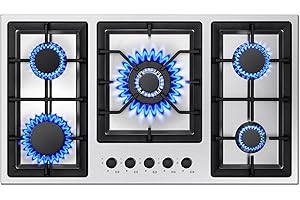 AMZGACHFKTCH 36 Inch Gas Cooktop, 5 Burner Gas Stove Top Total 34,588 BTU, Built-in Stainless Steel 36 Inch Gas Hob with Thermocouple Protection, LPG/NG Convertible Propane Cooktop