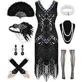 1920s Dresses for Women, Flapper Dress Lace Fan Feather Headband Sequins Beads Fringes 20s Accessories Vintage Mafia Costume