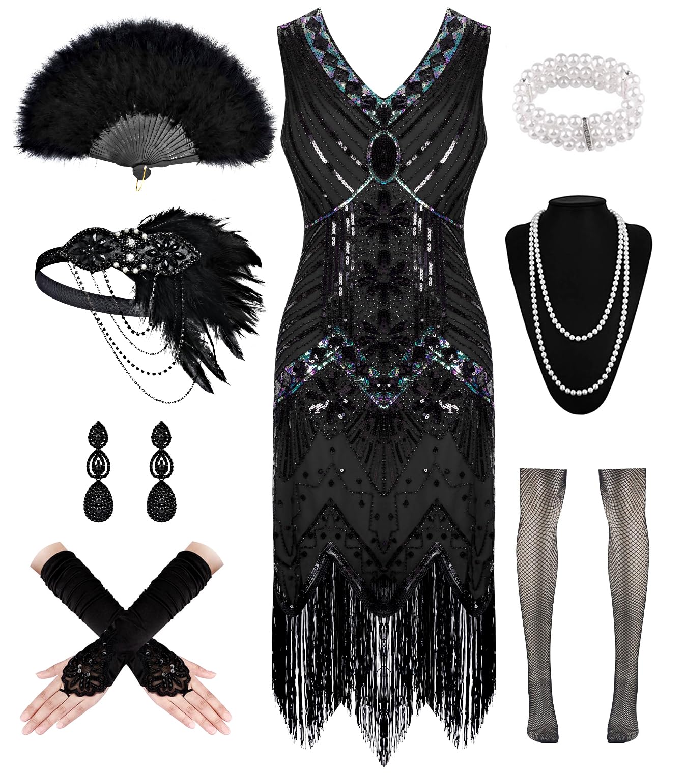 Photo 1 of 1920s Dresses for Women, Flapper Dress Lace Fan Feather Headband Sequins Beads Fringes 20s Accessories Vintage Mafia Costume AllBlack 3XL