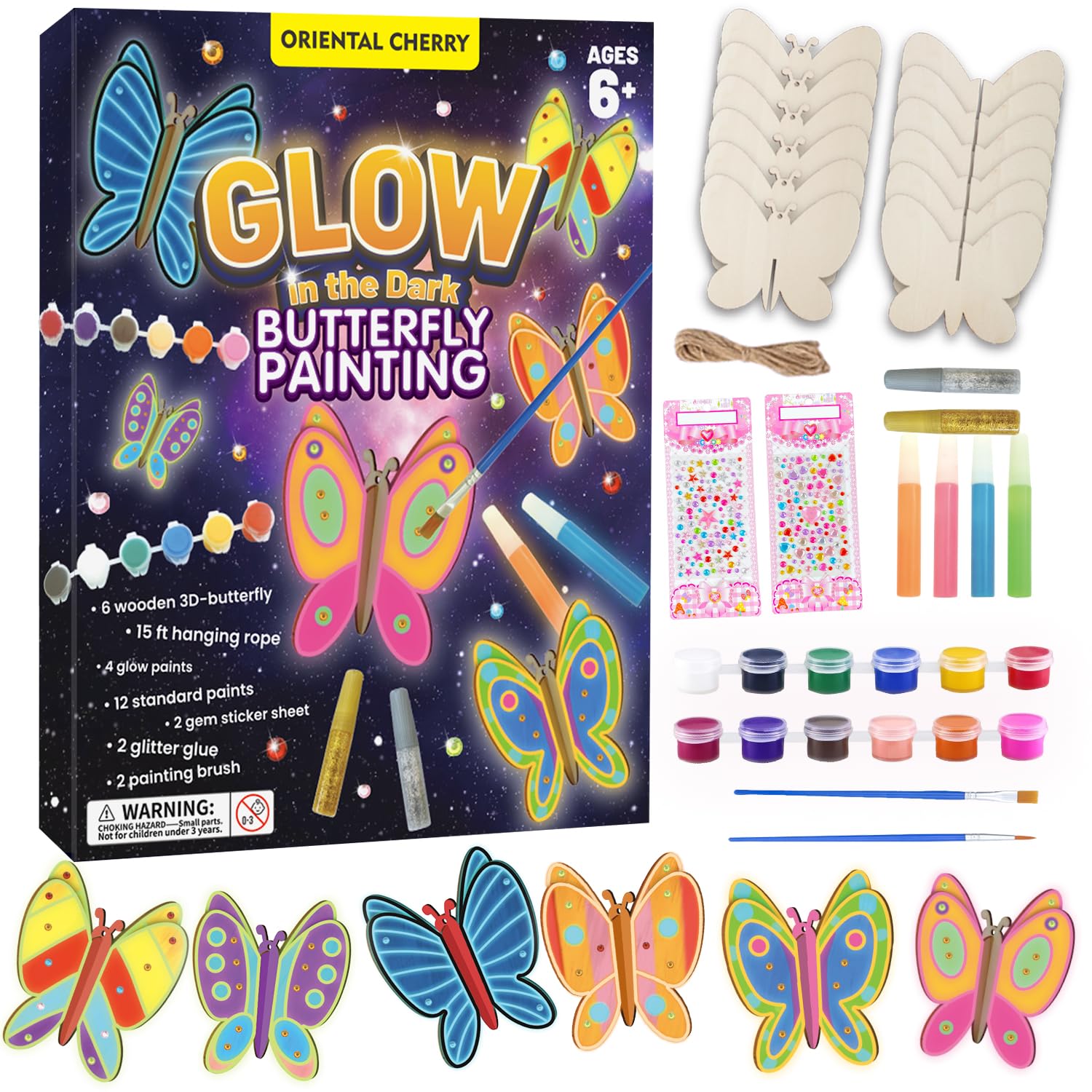 ORIENTAL CHERRY Arts and Crafts for Kids - Glow in The Dark Butterfly Painting Kits, 6 Packs 3D DIY Wooden Butterfly, Girls Birthday Presents, Gifts for Girls Boys Kids Toddler Ages 6-12