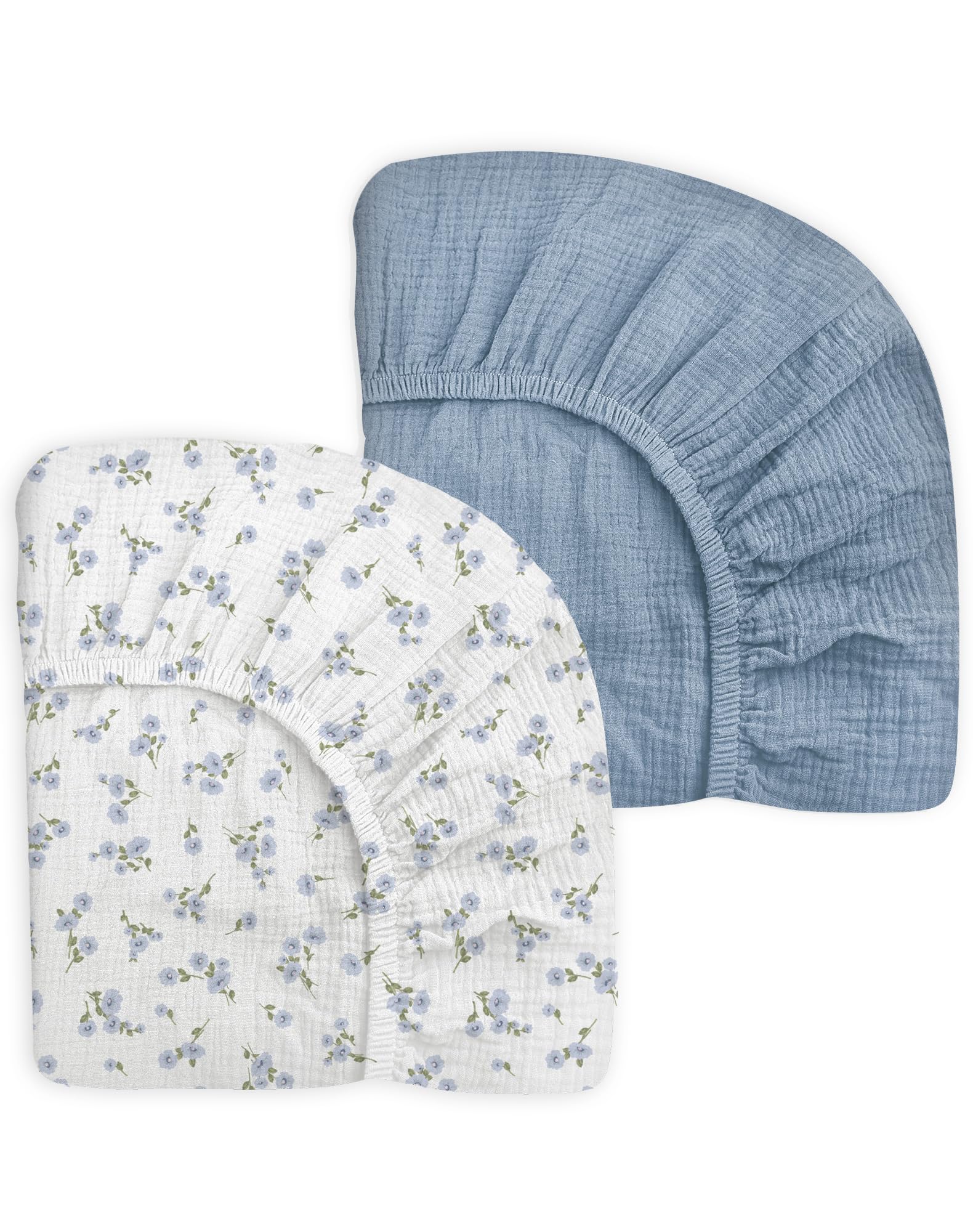 Photo 1 of Mini Crib Sheets for Baby Boy Girl 2 Pack, Neutral Mini Crib Mattress Sheet 24" x 38", Muslin Nursery Bedding Soft and Breathable Comfort (Bluebell Bloom & Light Blue)