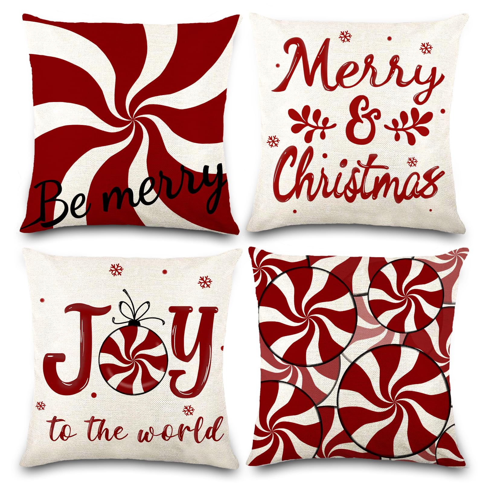 JOLCEEY Christmas Cushion Covers, 18 x 18 Inch Set of 4 Red Candy Xmas Throw Pillow Covers Christmas Winter Square Pillow Case for Living Room Sofa Home Bedroom Decor