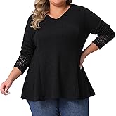 Agnes Orinda Plus Size Waffle Knit Tops for Women V Neck Lace Patchwork Long Sleeve Lightweight Flowy Blouse