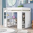 VilroCaz Modern Full Size Loft Bed with Sliding Door Wardrobe and 2-Drawer Desk, Solid Wood Loft Bed Frame with Safety Guardrail for Kids Teens Adults, Space-Saving Design (A+White)