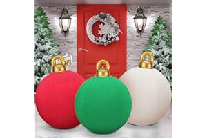 Jetec 3 Pcs 32 Inch Giant Velvet Christmas Inflatable Balls Ornament Flocked Xmas PVC Inflatable Flocked Ball Ornaments for Christmas Holiday Outdoor Blow up Yard Decor(Red, Green, White)