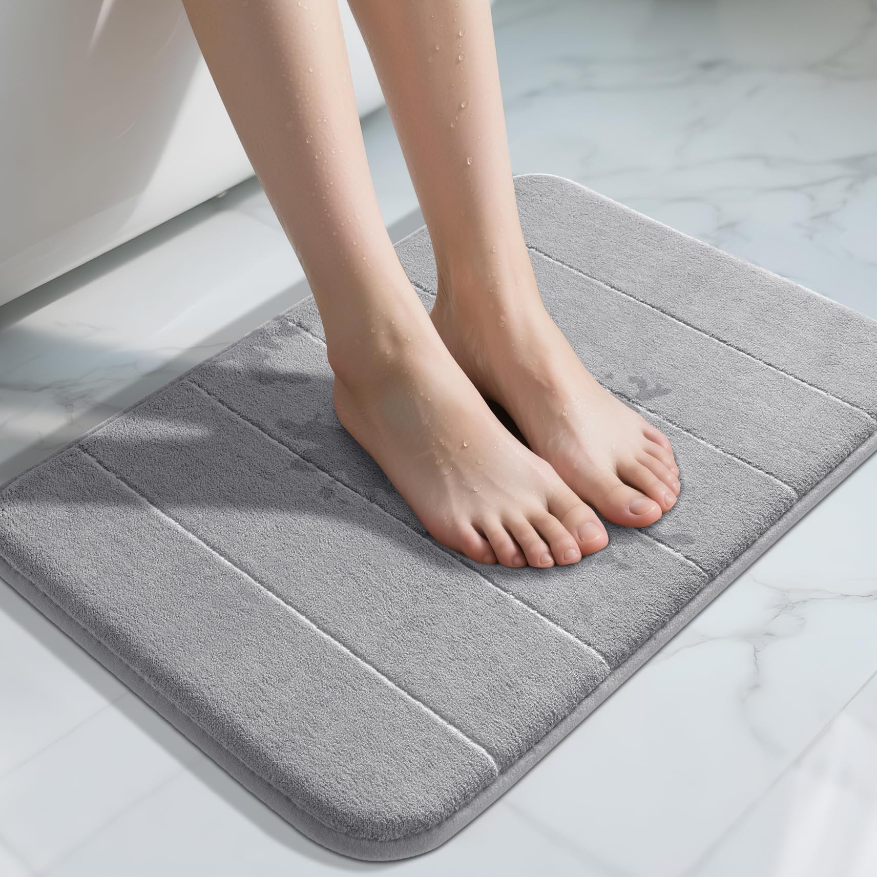 Yimobra Memory Foam Bath Mat, Soft and Comfortable, Super Water Absorption, Non-Slip, Thick, Machine Wash, Easier to Dry for Bathroom Floor Rug, 43 x 61 cm, Gray