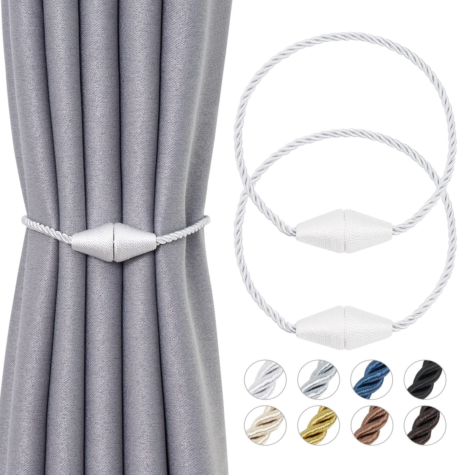 Pretty Jolly 2 Pack Upgrade Magnetic Curtain Tiebacks 16 Inch Handmade Weave Rope Curtain Holdbacks Convenient Decorative Cone Curtain Drape Tie Backs for Home & Office Window Drapery (New White)