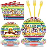 96 Pieces Fiesta Party Decorations Mexican Plates Tableware Set for De Mayo Party Decorations Supplies Mexican Themed Paper Dessert Plates Napkins Forks for 24 Guests Birthday Party Favors