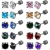 FIRSAUKI Stainless Steel Screw Back Stud Earrings for Men Women Titanium Hypoallergenic Earring for Sensitive Ears Surgical Steel Rainbow CZ Double Side Black sleeper Studs