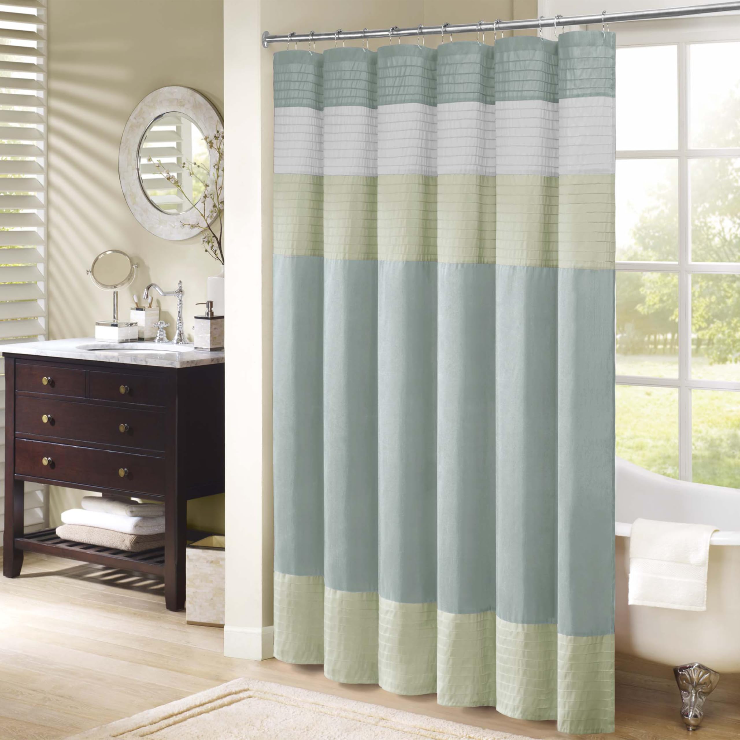 Madison Park Bathroom Shower Faux Silk Pieced Striped Modern Microfiber Bath Curtains, Polyester, Green, 72" W x 72" L (Pack of 1)