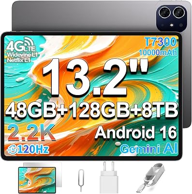 ArtPad Tablet 13.2 Pollici 2.2K 120Hz Tablets Android 16, T7300 2.2GHz Octa-Core, 10000mAh/18W, 48GB RAM+128GB(8TB TF), 4G LTE Doppio SIM 5G WiFi, Widevine L1/GPS/BT5.4, Gemini AI Tablet 2026