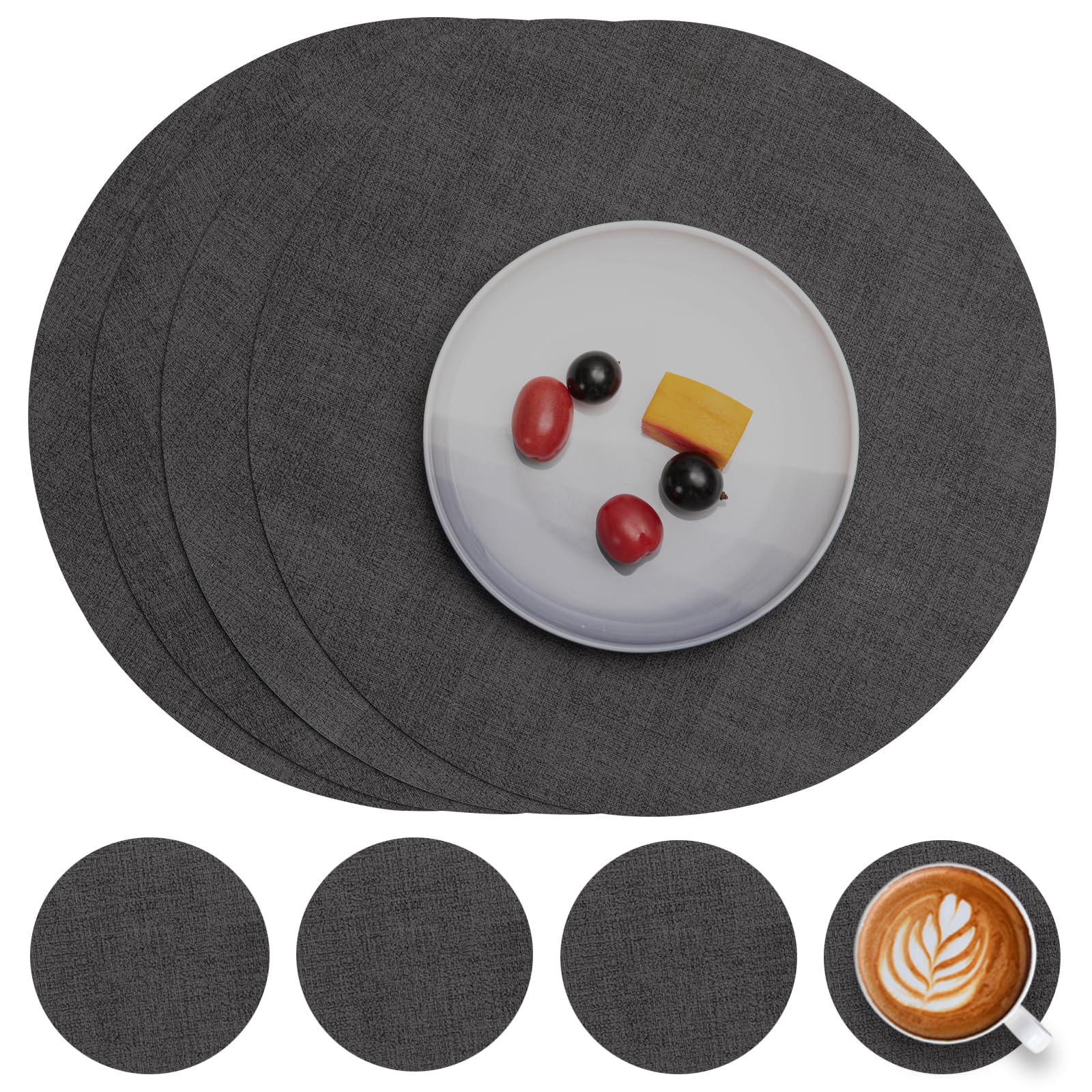 Myir JUN Leather Placemats and Coaster Set of 4, Round Waterproof Dual Sided Kitchen Place Mats Coffee Mats Heat Resistant Non-Slip Washable (set of 4, Grey) — image 1